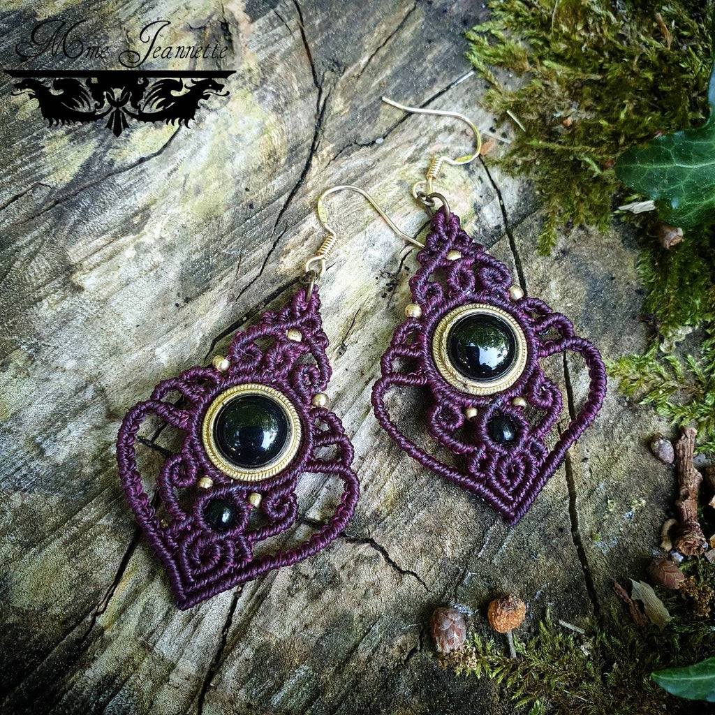 Bracelet et Boucles d'oreilles Onyx noir et Micro-macramé - Couleur Cerise noire - Bijoux Bohème, baroque, e-girl
