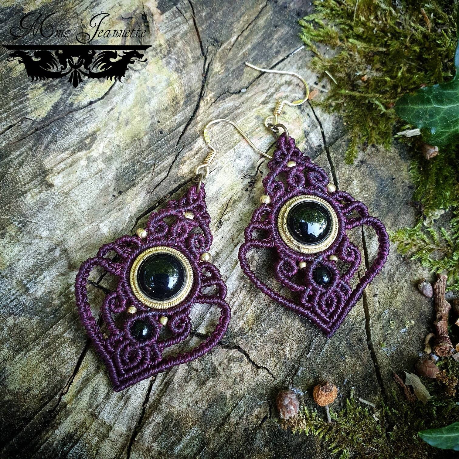 Bracelet et Boucles d'oreilles Onyx noir et Micro-macramé - Couleur Cerise noire - Bijoux Bohème, baroque, e-girl