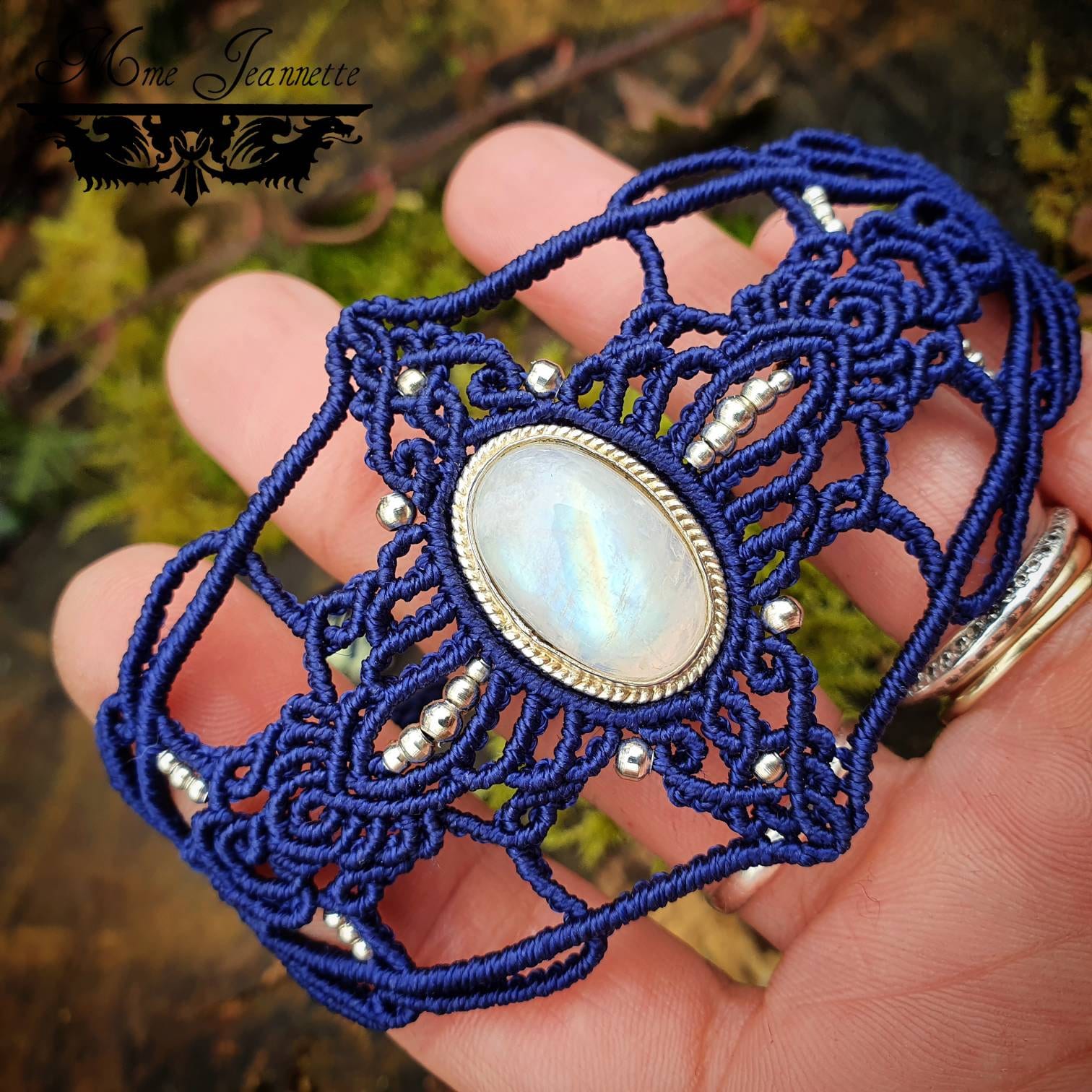 Bracelet Manchette Micro-macramé bleu & Péristérite (Pierre de Lune) - Bohème, boho chic, romantique, idée cadeau, lithothérapie