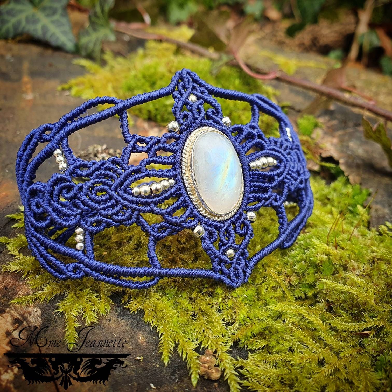 Bracelet Manchette Micro-macramé bleu & Péristérite (Pierre de Lune) - Bohème, boho chic, romantique, idée cadeau, lithothérapie