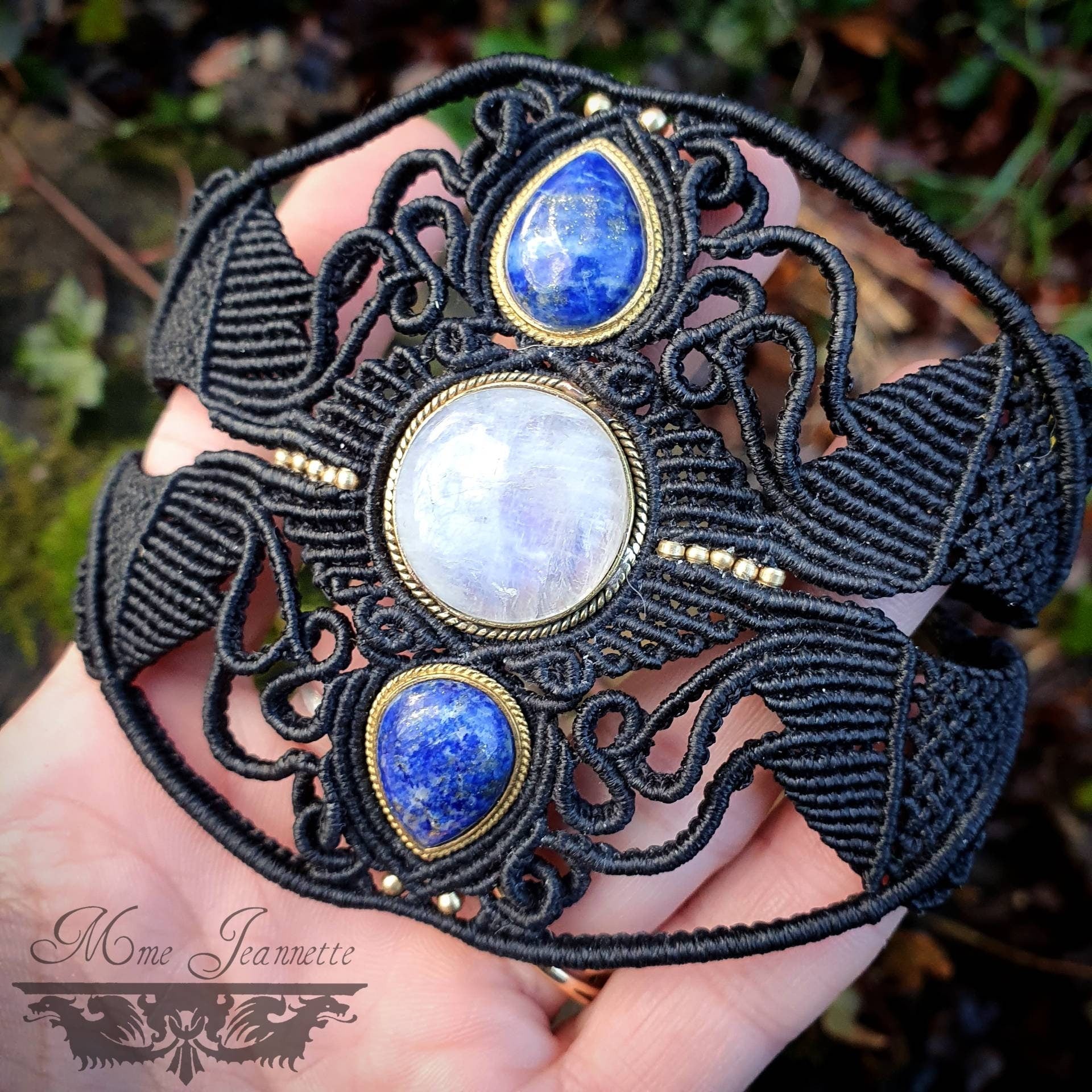 Collier Micro-macramé, Péristérite et Lapis-lazuli - Bohème, ethnique Tribal, Égyptien