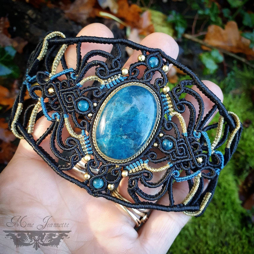 Bracelet Manchette Micro-macramé & Apatite - Bracelet Bohème