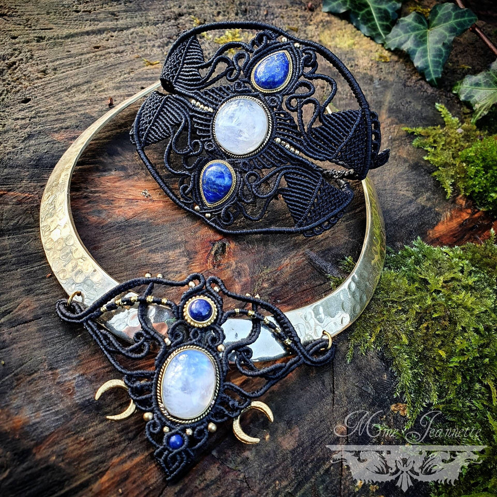 Collier Micro-macramé, Péristérite et Lapis-lazuli - Bohème, ethnique Tribal, Égyptien