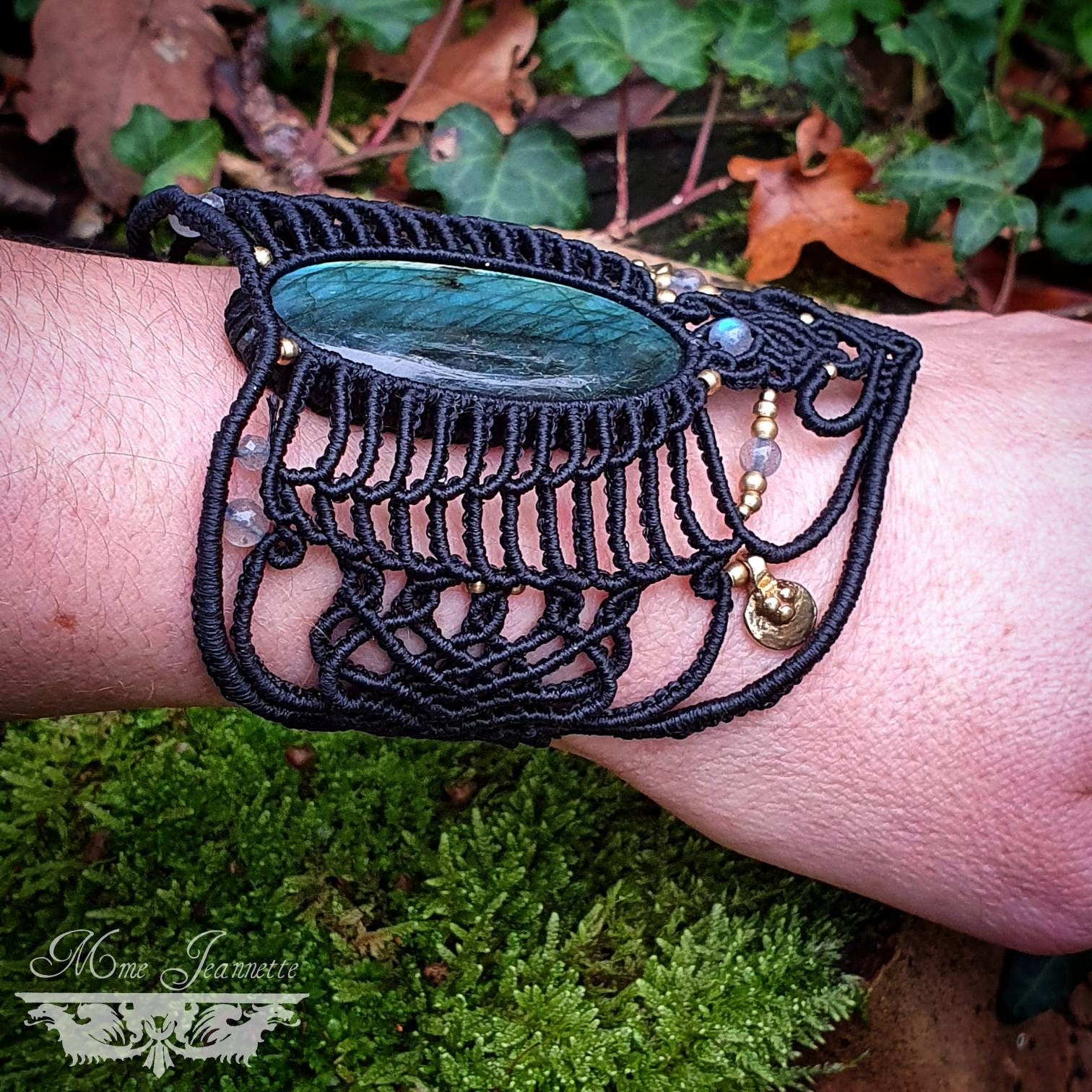 Superbe Bracelet Manchette Labradorite bleue - Micro-macramé Féerique, elfique, Bohème, boho chic, psytrance ,fusion