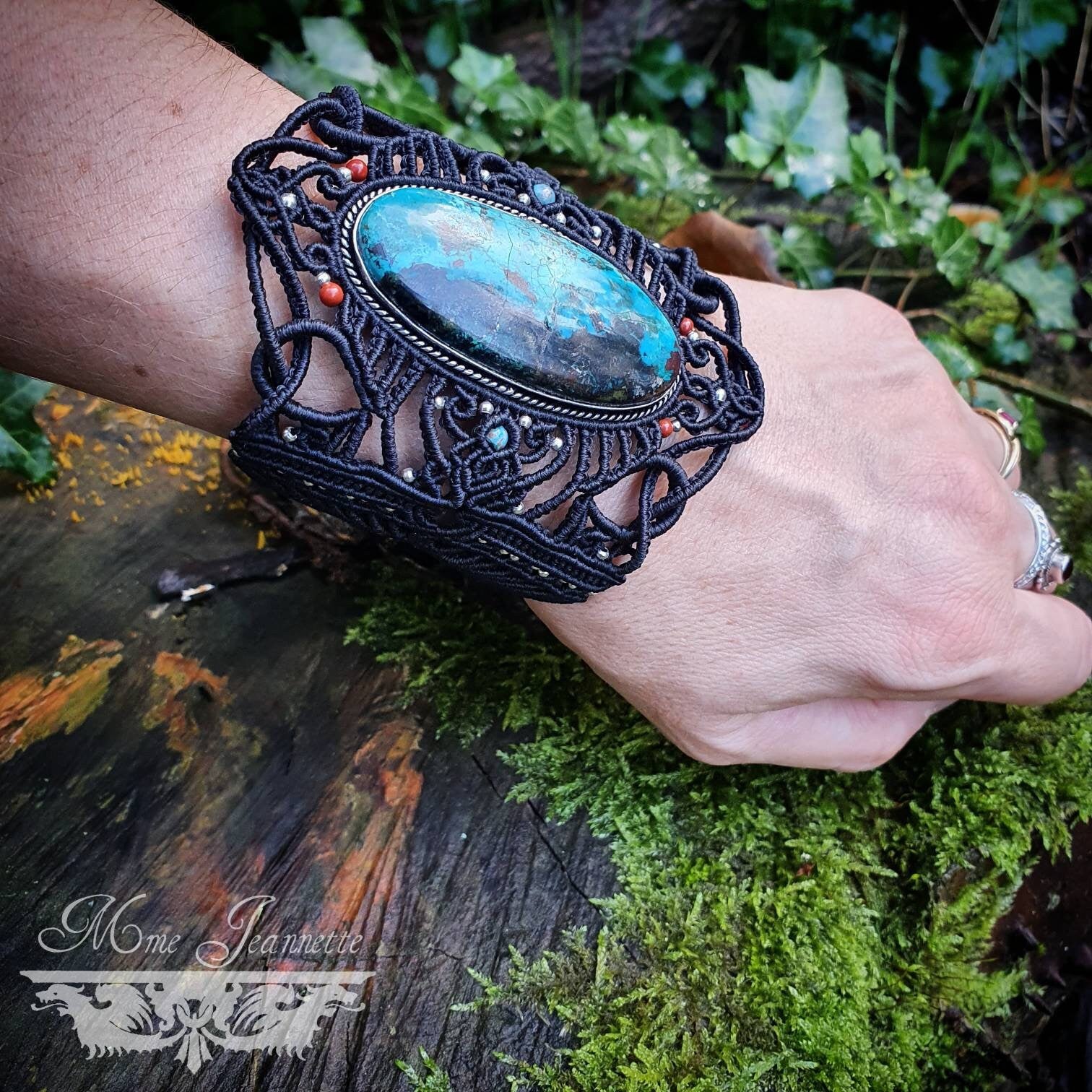 Bracelet Manchette Chrysocolle & Micro-macramé - Bohème, boho chic, tribal, ethnique, elfique, féerique, neo tribal, psytrance