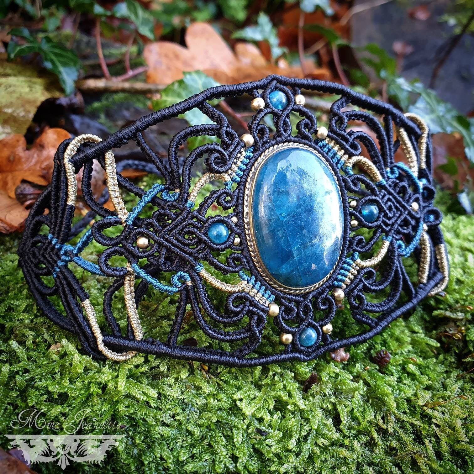 Bracelet Manchette Micro-macramé & Apatite - Bracelet Bohème