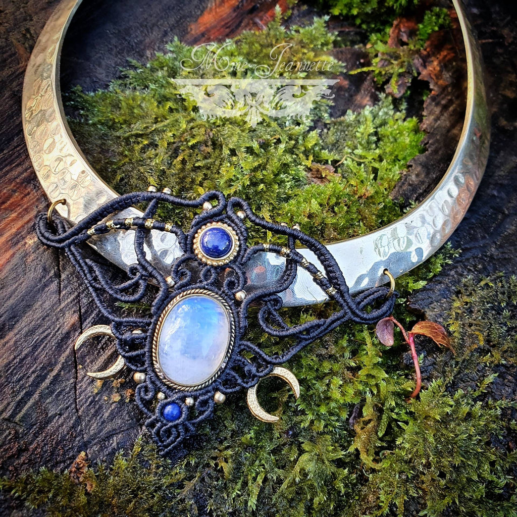 Collier Micro-macramé, Péristérite et Lapis-lazuli - Bohème, ethnique Tribal, Égyptien