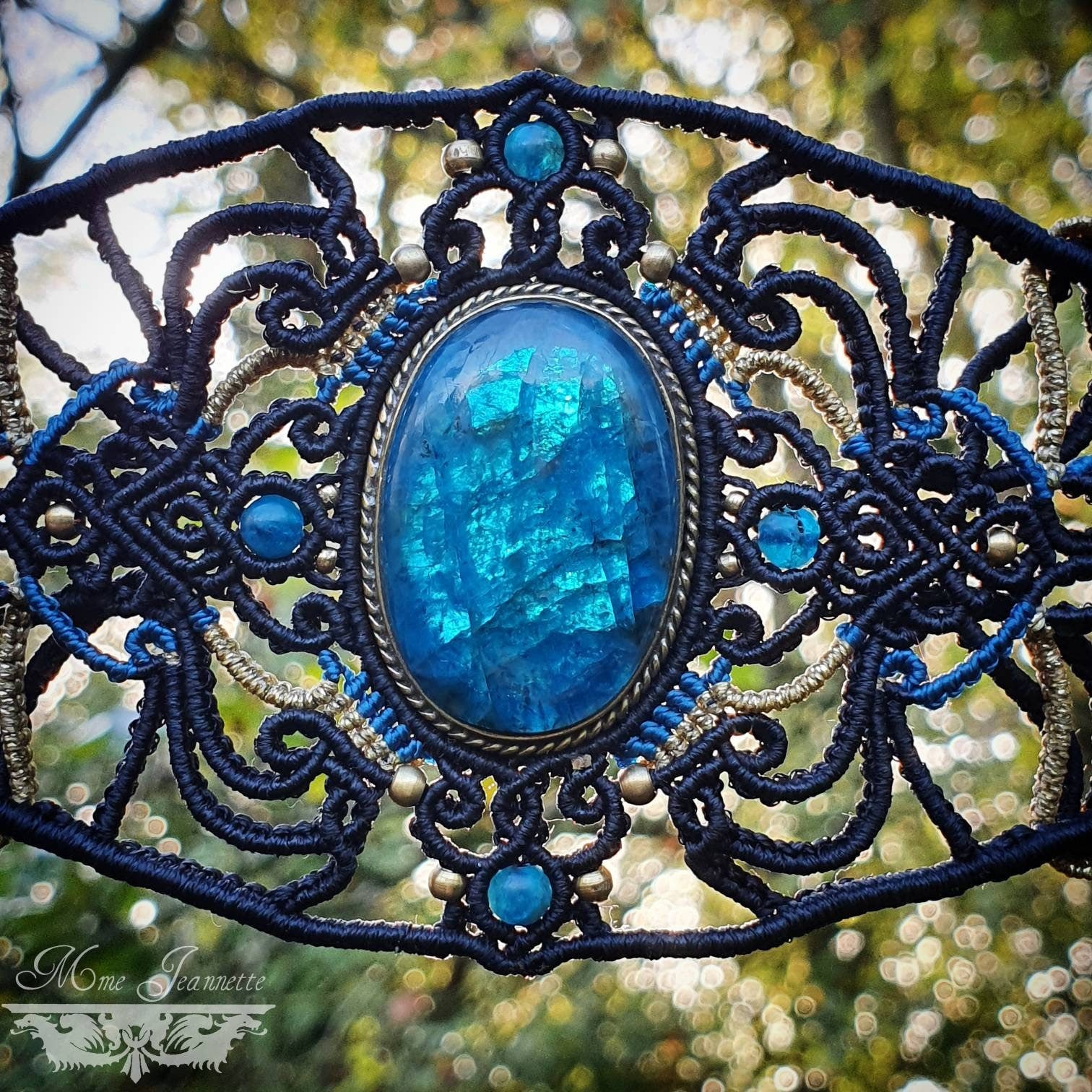 Bracelet Manchette Micro-macramé & Apatite - Bracelet Bohème