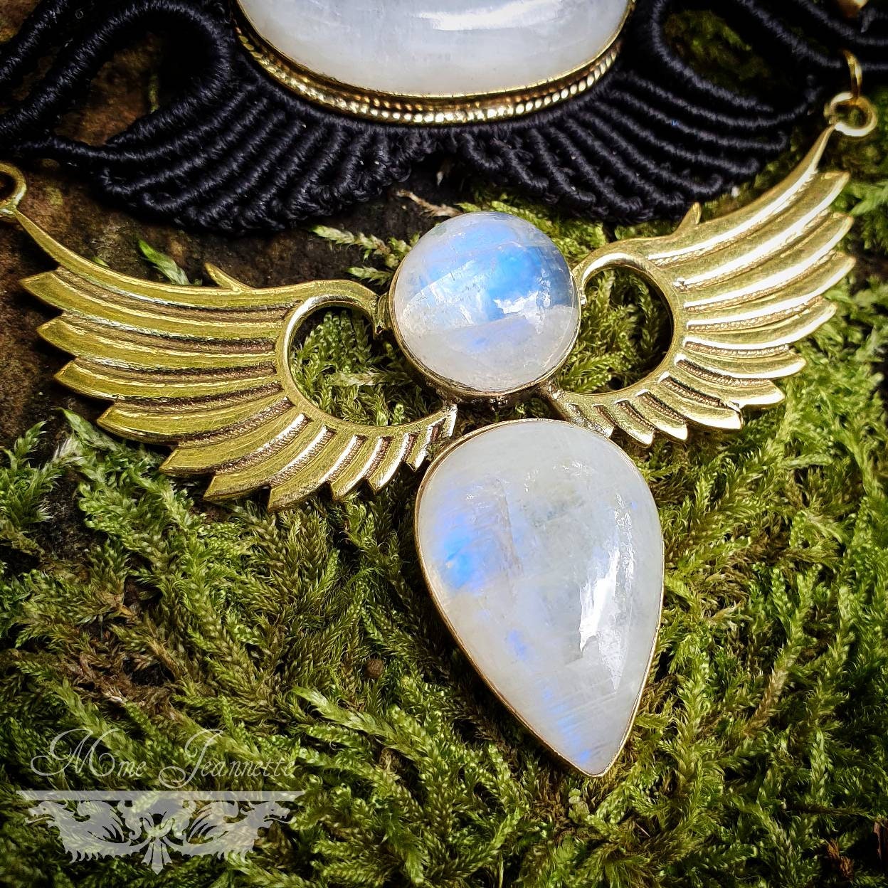 Collier Plastron Micro-macramé et Péristérite - Collier Bohème, collier ailes, déesse, tribal, ethnique