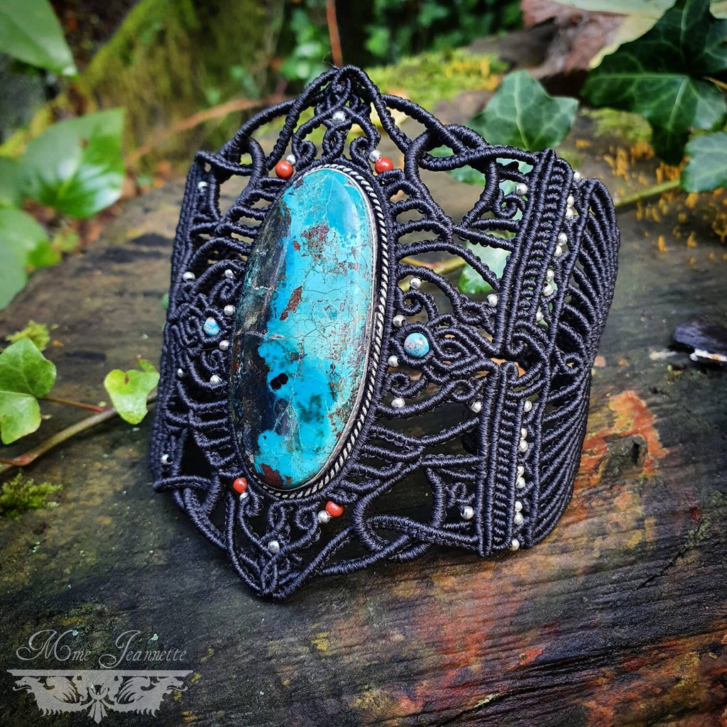 Bracelet Manchette Chrysocolle & Micro-macramé - Bohème, boho chic, tribal, ethnique, elfique, féerique, neo tribal, psytrance
