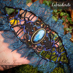 Bracelet Manchette Baroque - Micro-macramé & Labradorite bleue et Onyx Noir - Néo-gothique, steampunk, emo, romantique, baroque